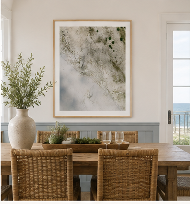 Dune Study 30x40 natural oak frame in coastal dining room