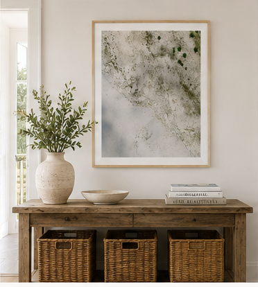 Dune Study 30x40 natural oak frame above coastal entryway console