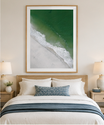 Shoreline Solitude 30x40 natural oak frame in coastal bedroom