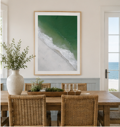 Shoreline Solitude 30x40 natural oak frame in coastal dining room