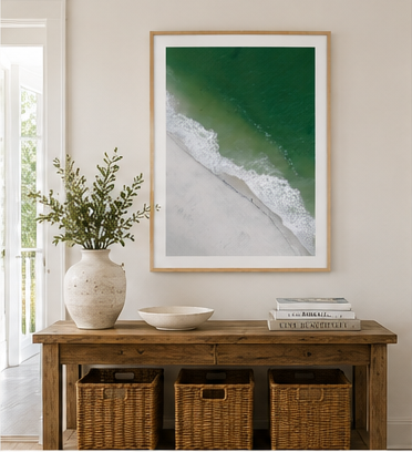 Shoreline Solitude 30x40 natural oak frame above coastal entryway console