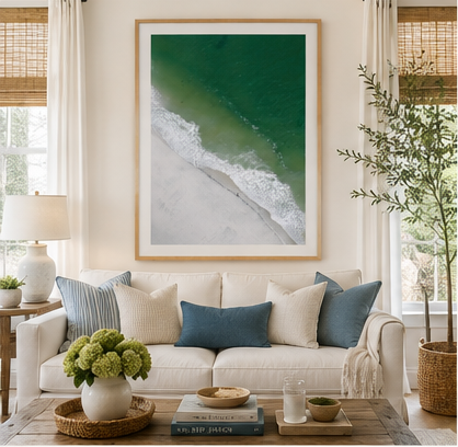 Shoreline Solitude 30x40 natural oak frame in coastal living room