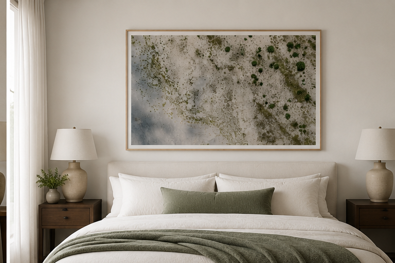 The Gardens landscape fine art print in natural oak frame in a coastal bedroom