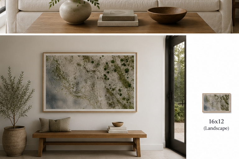 The Gardens landscape fine art print in natural oak frame above a coastal console