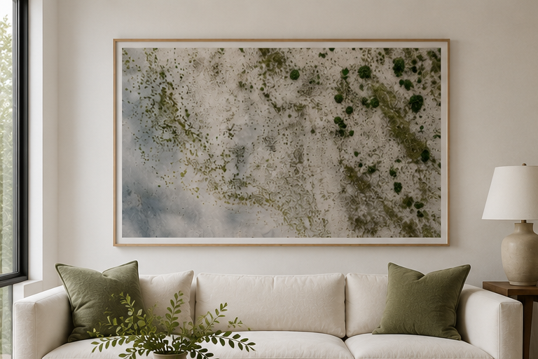 The Gardens landscape fine art print in natural oak frame in a coastal living room