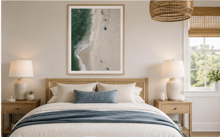 The Point 30x40 natural oak frame in a coastal bedroom