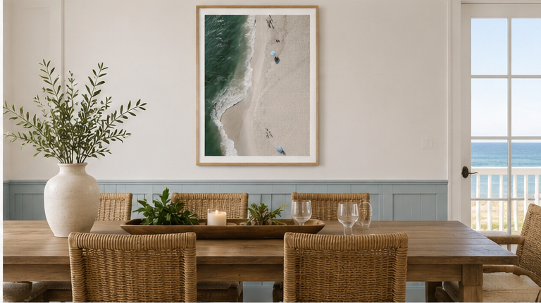 The Point 30x40 natural oak frame in a coastal dining room