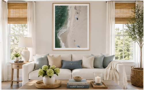 The Point 30x40 natural oak frame in a bright coastal living room